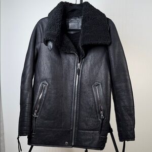 RUDSAK Black Leather Jacket with Shearling Collar